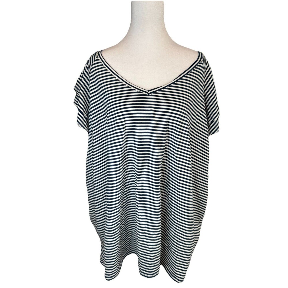 Nautical Preppy Lauren Conrad Top 3X Blue White Striped V-Neck Flutter Sleeve